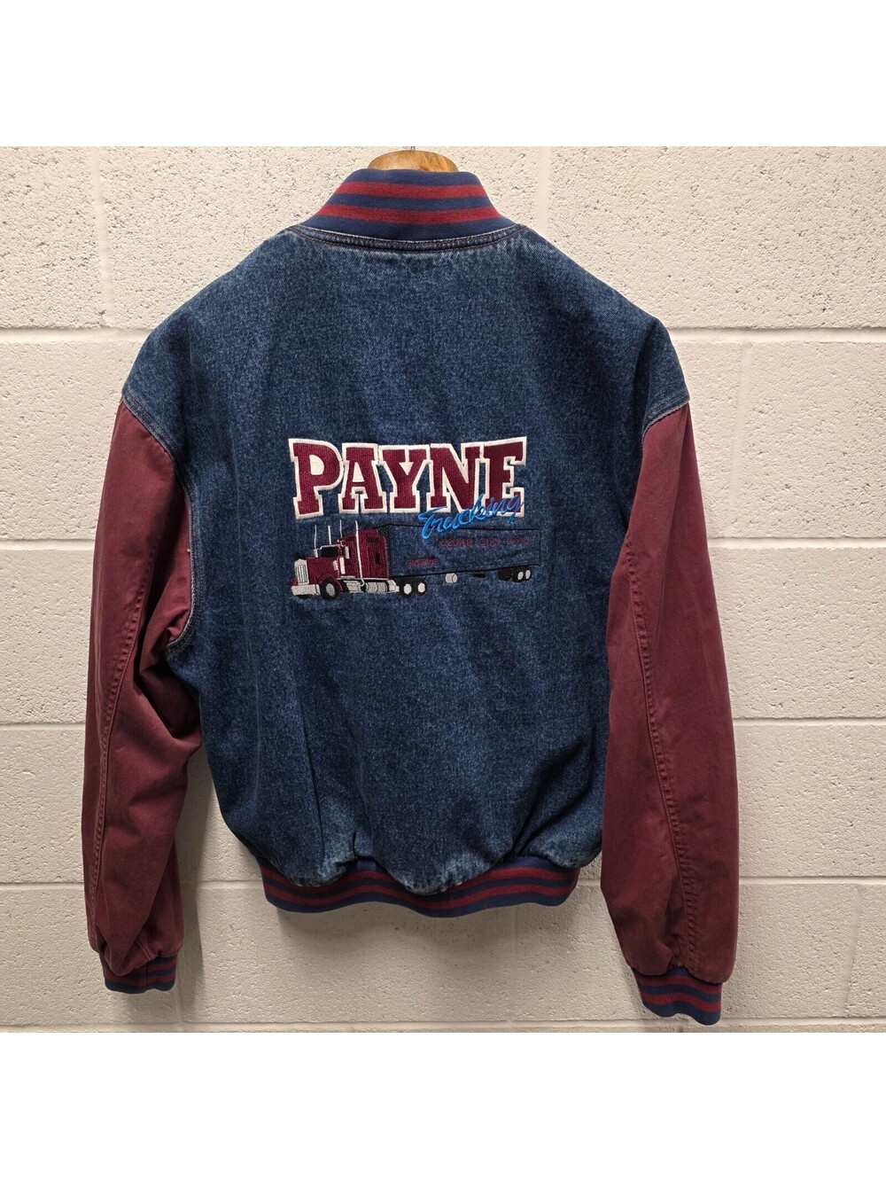 Tri-Mountain Denim Varsity Jacket M Payne Trucking Blue Red Team 25x27 Cotton